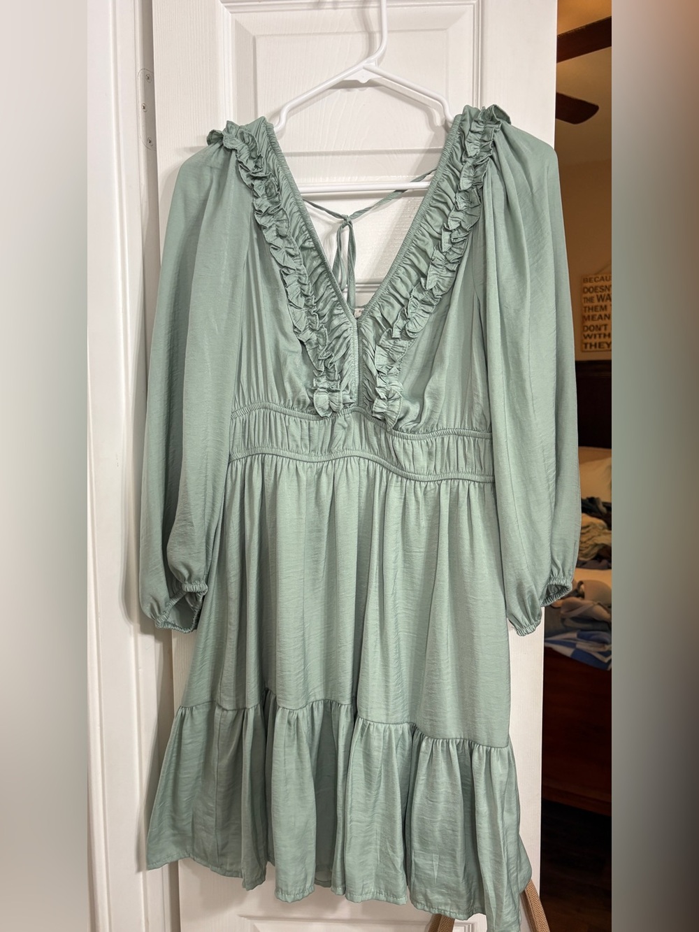 Blu Pepper Sage Green Ruffle V-Neck Midi Dress